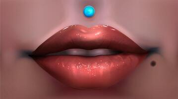 Realistic vinous lips. Sexually open mouth with white teeth. Piercing on dark skin above the upper lip. Sexy brown lips pierced with a small blue diamond. Eps 10 vector