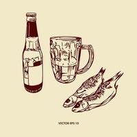 cerveza, botella, vaso copa con manejar, seco pez. ilustración en gráfico estilo. diseño de menús, vino y cerveza tarjetas, etiquetas, pancartas, folletos vector