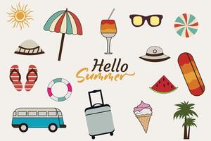 Summer vacation hand-drawn doodle elements. Summer sticker collection isolated on flat background. vector