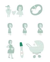 Illustration set of parenthood and fertility in this flat design set joyful icons capturing the beautiful stages of anticipation, conception, and family planning. Pregnant test and foetus. vector