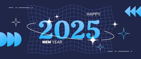 New 2025 year postcard in a retro y2k aesthetic, party banner, greeting, invitation, art with graphic shapes, frames and stars. vector