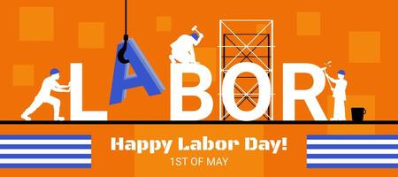 International Labor Day banner, invitation with Workers Day. Stylized text and builders silhouettes. 1st of May Labor Day celebration greeting. vector