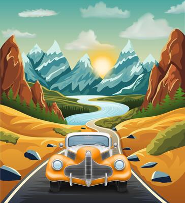 landscape asphalt auto road in nature among mountains hills and trees stock illustration