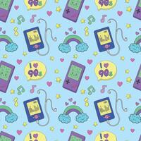Seamless pattern with the image of a player, game console, hearts, rainbows and other objects in the colorful style of the 80s and 90s, illustration for advertising. vector