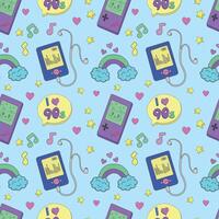 Seamless pattern with the image of a player, game console, hearts, rainbows and other objects in the colorful style of the 80s and 90s, illustration for advertising. vector