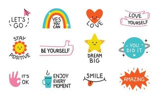 motivational sticker pack. Cute colorful sticker set with positive phrases. Motivation stickers for planner. Collection of colorful illustrations in flat design. vector