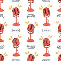 podcast seamless pattern. Podcast recording and listening, broadcasting, radio. Red microphone on white background. On air pattern. Wrapping design. vector
