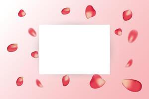 Realistic red rose petals with mockup, frame, for card, march 8, birthday, mother's day vector