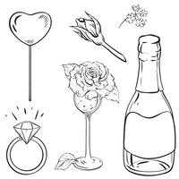 a bottle of champagne , a heart shaped lollipop , a rose , a ring , and a glass vector