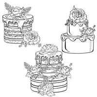 Monochrome illustration of three cakes adorned with flowers vector