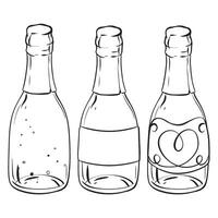 A monochromatic drawing featuring three bottles of champagne vector