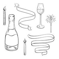 a bottle of champagne , a glass of wine , a candle , a ribbon , and a sparkler vector