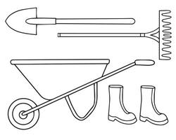 Set of garden tools doodle elements. Hand shovel, rake, watering can, rubber boots, wheelbarrow isolated on white. vector