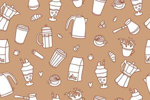 Seamless pattern of coffee time doodle. Teapots, cups, turk and sweets in doodle style. vector