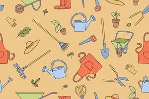 Seamless pattern of garden tools in doodle style. vector