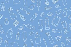 Seamless pattern of cleaning equipment in doodle style. Cleaning line icons. A line of hand-drawn equipment, cleaning products and tools for washing and disinfecting the home, windows, mirrors. vector