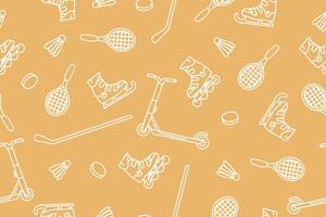 Seamless pattern with sports equipment. Colorful handmade sports equipment. Pattern on the theme of sports, healthy lifestyle. Background for use in design, packaging, website, fabric. vector