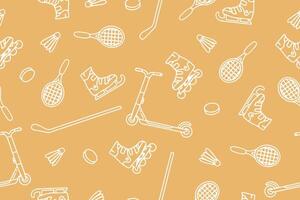 Seamless pattern with sports equipment. Colorful handmade sports equipment. Pattern on the theme of sports, healthy lifestyle. Background for use in design, packaging, website, fabric. vector