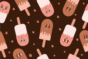 Seamless pattern of ice cream on a stick in kawaii style. illustration on brown background. vector