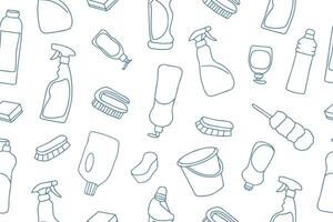 Seamless pattern of cleaning equipment in doodle style. Cleaning line icons. A line of hand-drawn equipment, cleaning products and tools for washing and disinfecting the home, windows, mirrors. vector