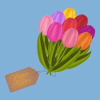 un festivo, brillantemente de colores ramo de flores de tulipanes contento Pascua de Resurrección etiqueta vector