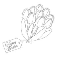 A festive bouquet of tulips. Happy Easter tag. Childrens coloring books. Contour drawing vector