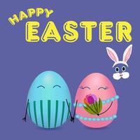 Anthropomorphic Easter egg family on purple background with bouquet of tulips vector