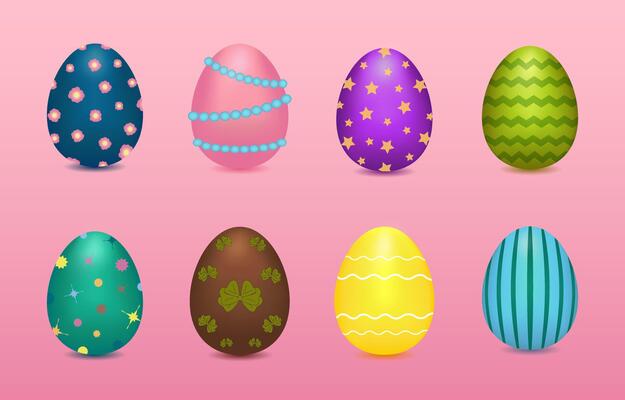 A set of decorated Easter eggs in different colors