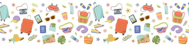 Seamless border pattern with colorful touristic items. Suitcases, passport, backpack, tropic leaves and map. Travel and tourism flat illustration. Isolated on white background. vector