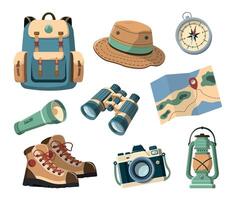 Collection of Summer Tourism and adventure accessories on white background. Travel equipment. illustrations vector