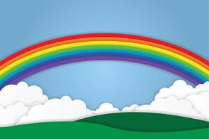 arco iris nubes y prados con azul cielo antecedentes papel Arte cortar estilo. ilustración vector