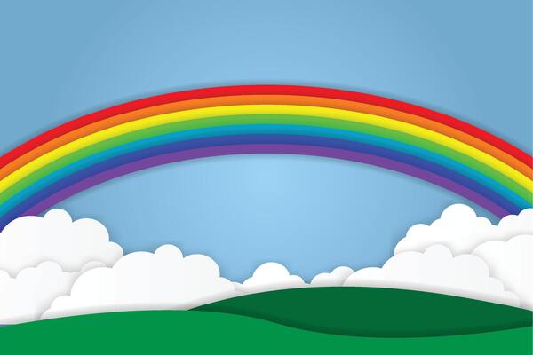 Rainbow clouds and meadows with blue sky background paper art cut style. illustration