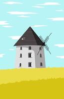 tower building with Windmill in the middle of the yellow meadow vector