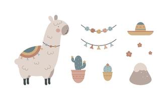 Set with cute lama. Lama, garland, cactus, sombrero, flower, mountain. For for kids design, fabric, wrapping, cards, textile, wallpaper, apparel. Isolated on white background. vector