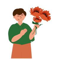 un chico con un ramo de flores de rojo amapolas vector