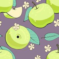 Pattern of green apples on a lilac background. Bright and rich colors. illustration vector