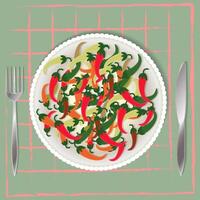 Illustration with chili pepper in a plate, knife and fork on checkered background. vector