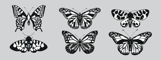 Set of buterflies with black and white wings in the style of wavy lines and organic shapes. Y2k style aesthetic, wing shapes in front view, magic symbols collection, abstract illustration. vector