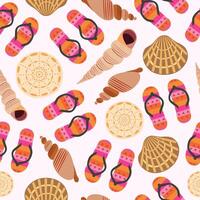 Sea beach seamless pattern. Shells and flips. Pink and beige colors. vector