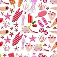 Seamless cute summer holiday beach elements pattern. Sea animals, seaweeds, shells. Summer food - waffles, ice creams. Cartoon illustration. Pink colors. vector