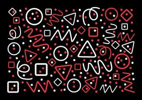 Black, red and white pattern shapes. Circles, triangles, serpentine, dots, squares, rhombus and zigzag. Fun line doodle shape background. vector