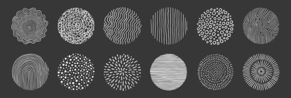 Abstract line pattern circle set. Hand drawn texture, doodle decorative line, spiral, scribble graphic round element. Circle drawn brush grunge texture. vector