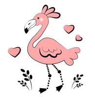 Pink flamingo on white background. Doodle vector