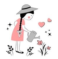 Woman in a hat watering flowers vector