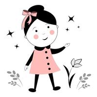 Cute girl in pink coat walking in the garden vector