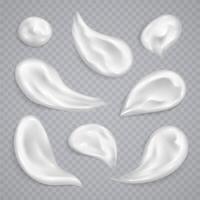 White cream smears collection isolated on grey background. Moisturizing lotion, sunscreen strokes. vector
