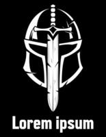 warrior helmet logo with sword silhouette design vector