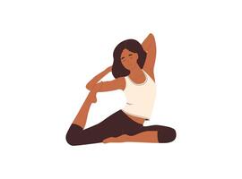 Girl practicing King Pigeon Pose, yoga asana. Woman sitting and stretching in hard difficult posture, flexible position. Female doing exercise. illustration isolated on white background vector