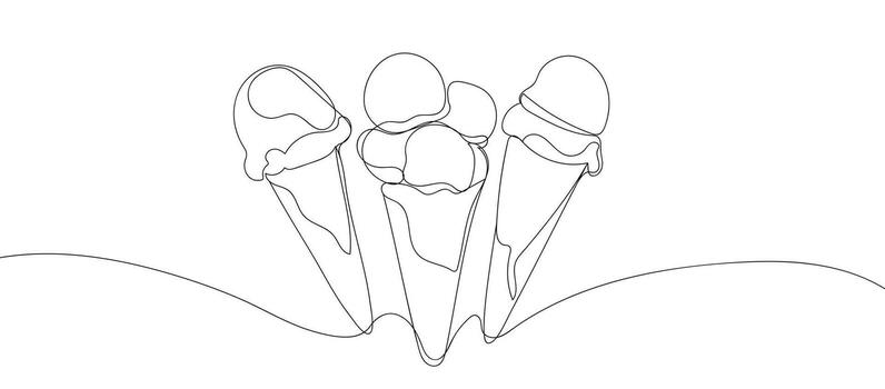 Ice cream continuous line drawing. One line Ice cream in waffle cone. Symbol dessert gelato in simple linear style. Different type ice cream summer set. Hand drawn minimalist style illustration vector