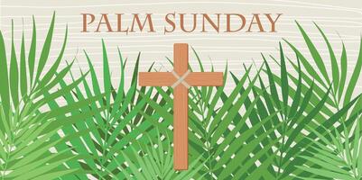 Palm Sunday banner with palm leaves and christian cross. Easter and the Resurrection of Christ. Palm Sunday banner as religious holidays background. Christian Cross. vector